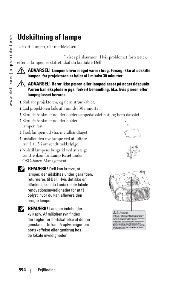 Udskiftning af lampe | Dell 1100MP User Manual | Page 594 / 976