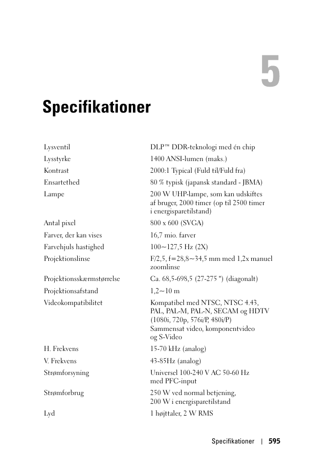 Specifikationer, 5 specifikationer | Dell 1100MP User Manual | Page 595 / 976