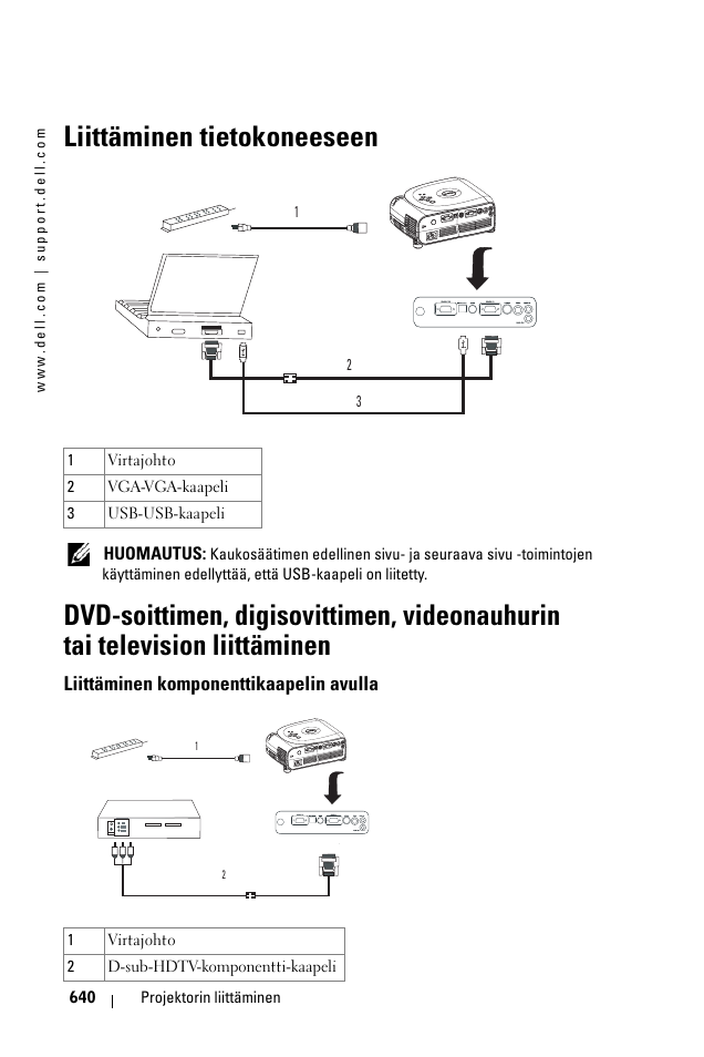 Liittäminen tietokoneeseen, Liittäminen komponenttikaapelin avulla | Dell 1100MP User Manual | Page 640 / 976