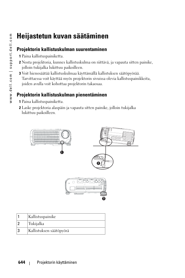Heijastetun kuvan säätäminen, Projektorin kallistuskulman suurentaminen, Projektorin kallistuskulman pienentäminen | Dell 1100MP User Manual | Page 644 / 976