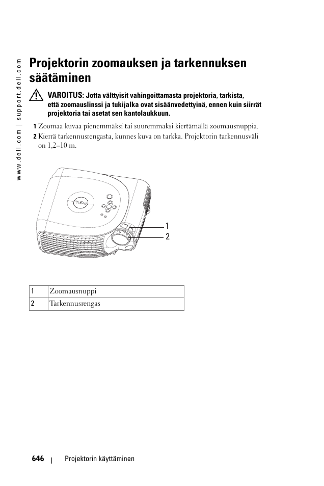 Projektorin zoomauksen ja tarkennuksen säätäminen | Dell 1100MP User Manual | Page 646 / 976