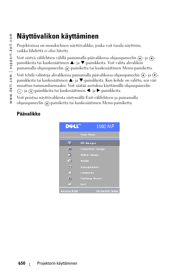 Näyttövalikon käyttäminen, Päävalikko | Dell 1100MP User Manual | Page 650 / 976