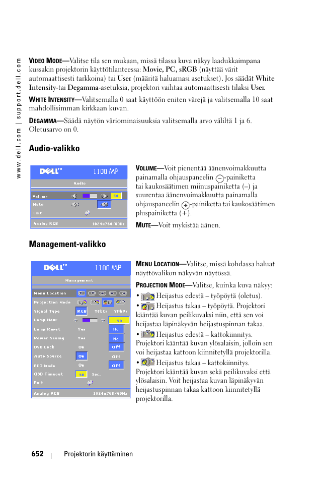 Audio-valikko, Management-valikko | Dell 1100MP User Manual | Page 652 / 976