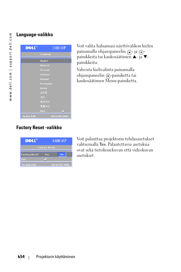 Language-valikko, Factory reset -valikko | Dell 1100MP User Manual | Page 654 / 976