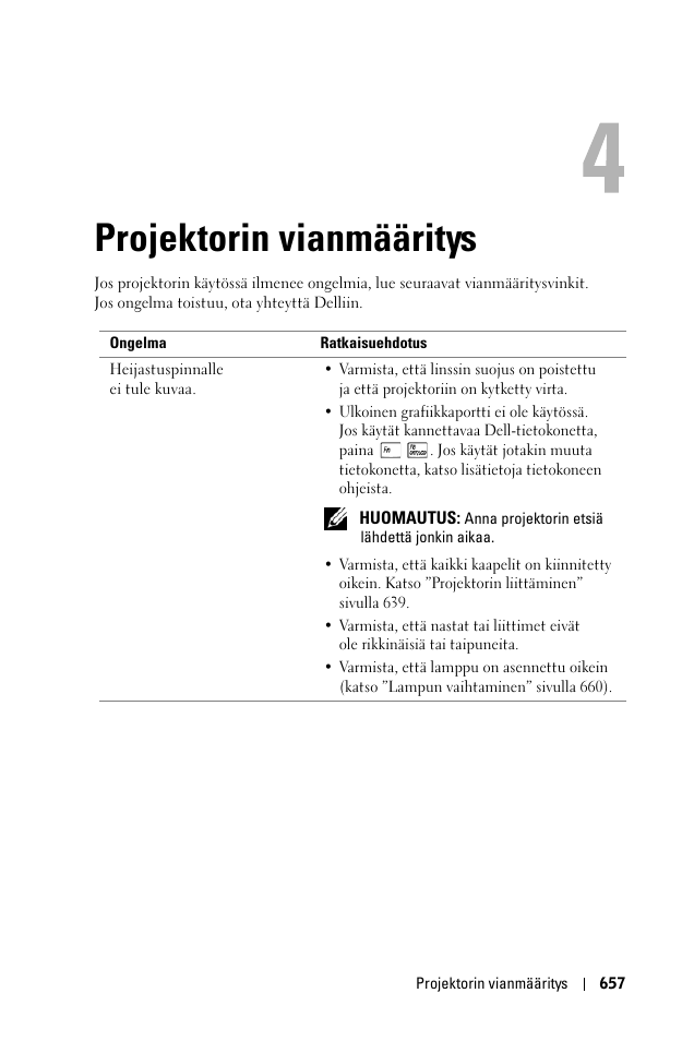 Projektorin vianmääritys, 4 projektorin vianmääritys | Dell 1100MP User Manual | Page 657 / 976