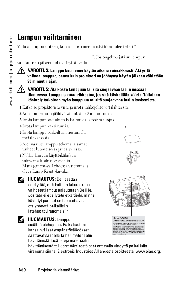 Lampun vaihtaminen | Dell 1100MP User Manual | Page 660 / 976