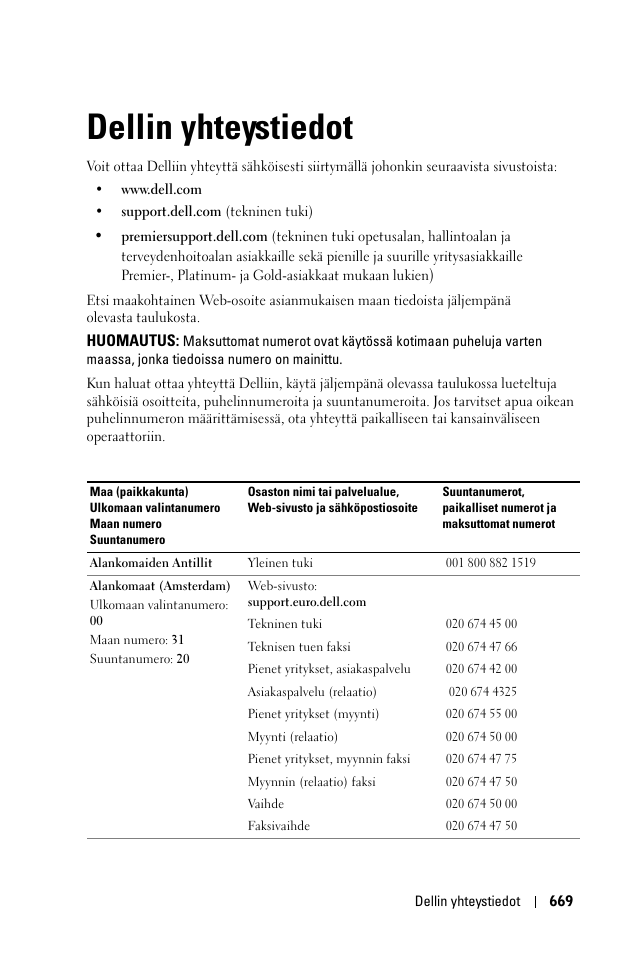 Dellin yhteystiedot, 6 dellin yhteystiedot, Huomautus | Dell 1100MP User Manual | Page 669 / 976