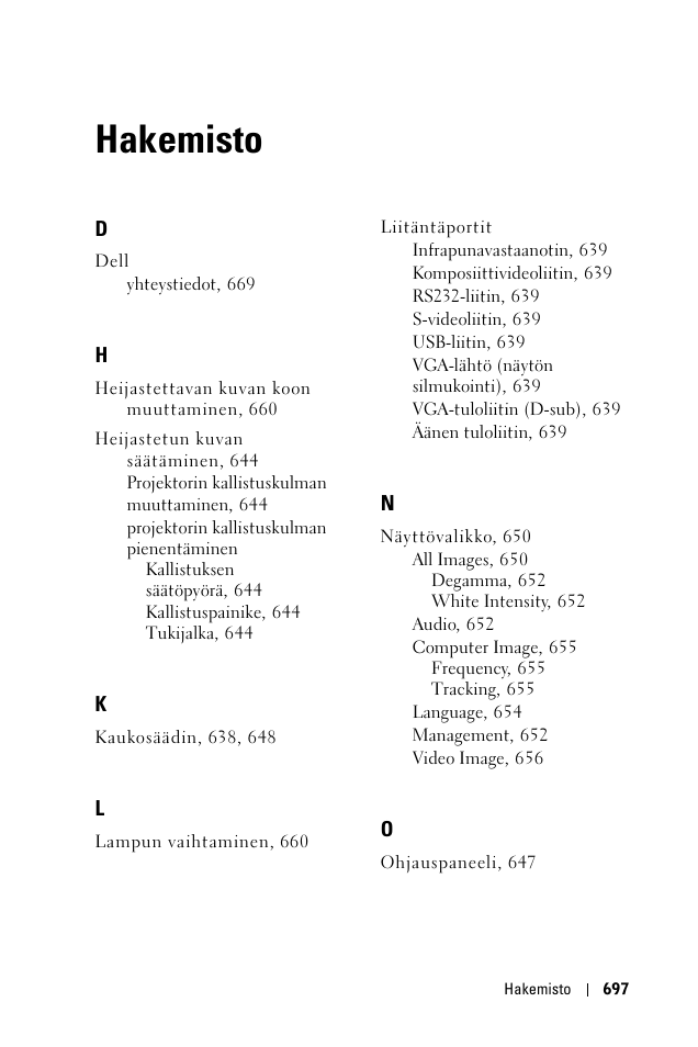 Hakemisto | Dell 1100MP User Manual | Page 697 / 976