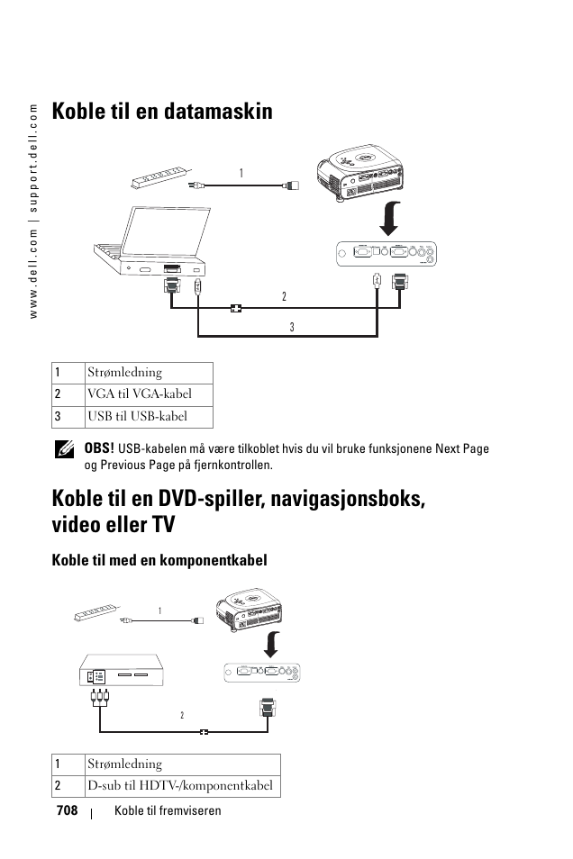 Koble til en datamaskin, Koble til med en komponentkabel | Dell 1100MP User Manual | Page 708 / 976