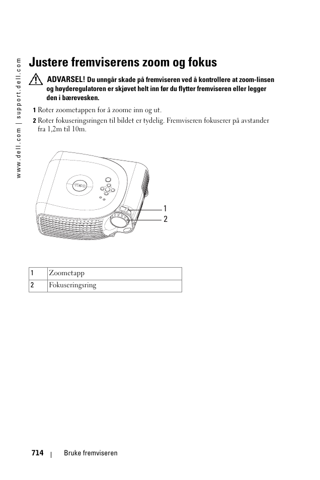 Justere fremviserens zoom og fokus | Dell 1100MP User Manual | Page 714 / 976