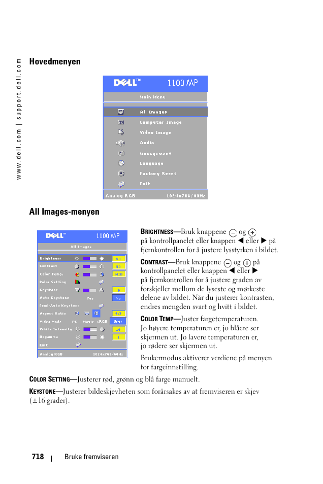 Hovedmenyen, All images-menyen, Hovedmenyen all images-menyen | Dell 1100MP User Manual | Page 718 / 976