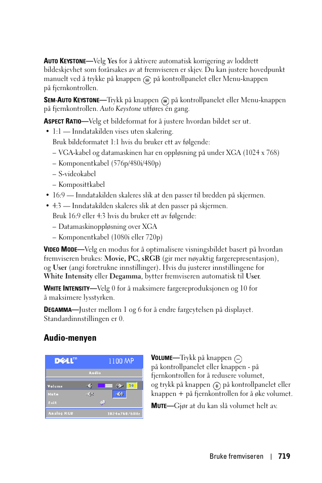 Audio-menyen | Dell 1100MP User Manual | Page 719 / 976