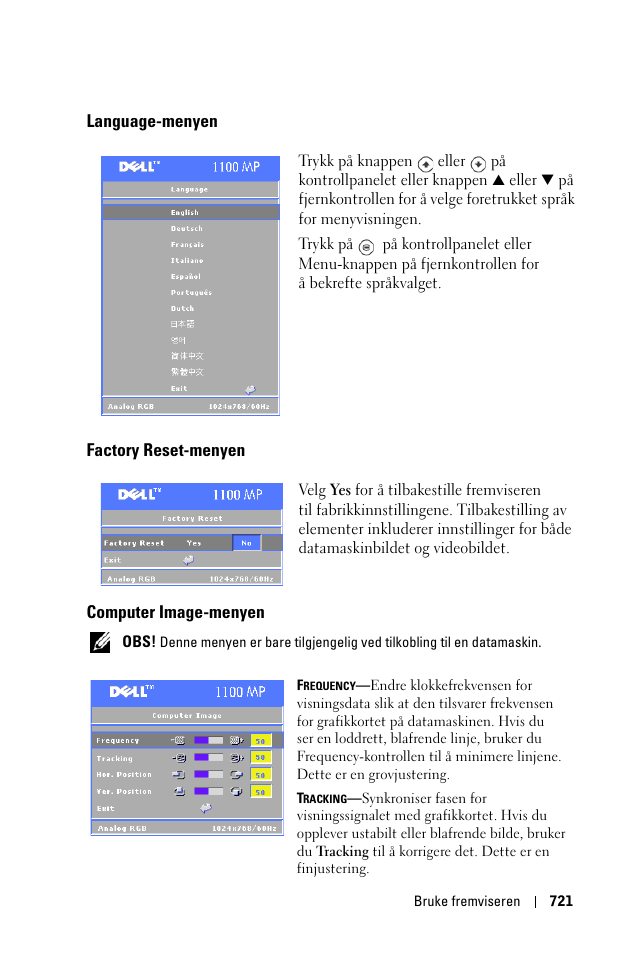 Language-menyen, Factory reset-menyen, Computer image-menyen | Dell 1100MP User Manual | Page 721 / 976