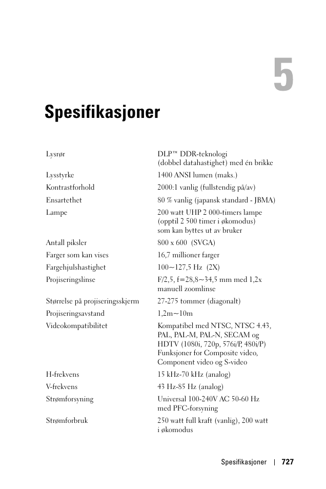 Spesifikasjoner, 5 spesifikasjoner | Dell 1100MP User Manual | Page 727 / 976