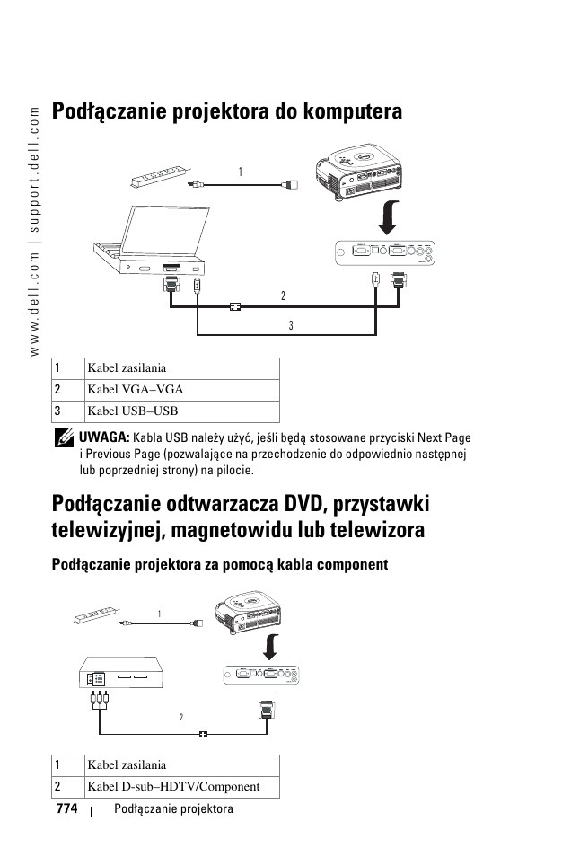 Pod¸¶czanie projektora do komputera, Pod¸¶czanie projektora za pomoc¶ kabla component, Podłączanie projektora do komputera | Podłączanie projektora za pomocą kabla component | Dell 1100MP User Manual | Page 774 / 976