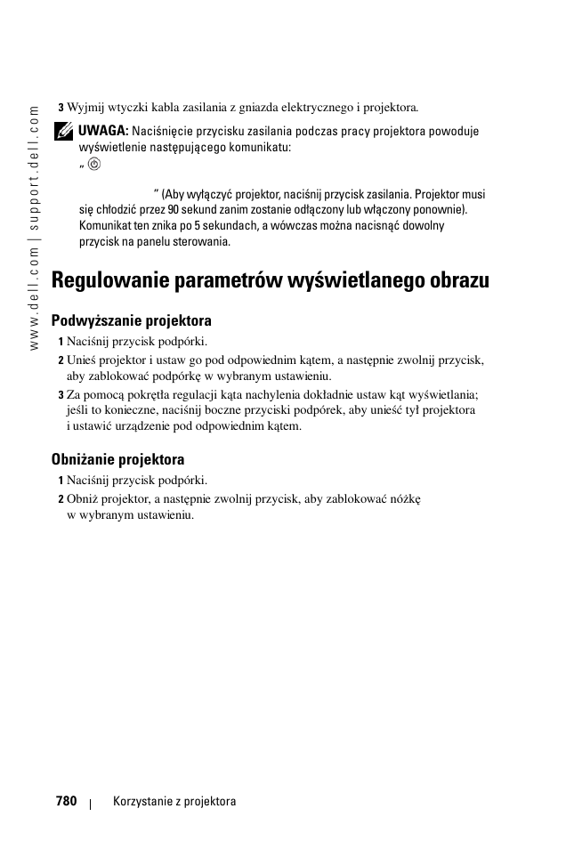 Regulowanie parametrów wyœwietlanego obrazu, Podwy¿szanie projektora, Obni¿anie projektora | Regulowanie parametrów wyświetlanego obrazu, Podwyższanie projektora, Obniżanie projektora | Dell 1100MP User Manual | Page 780 / 976