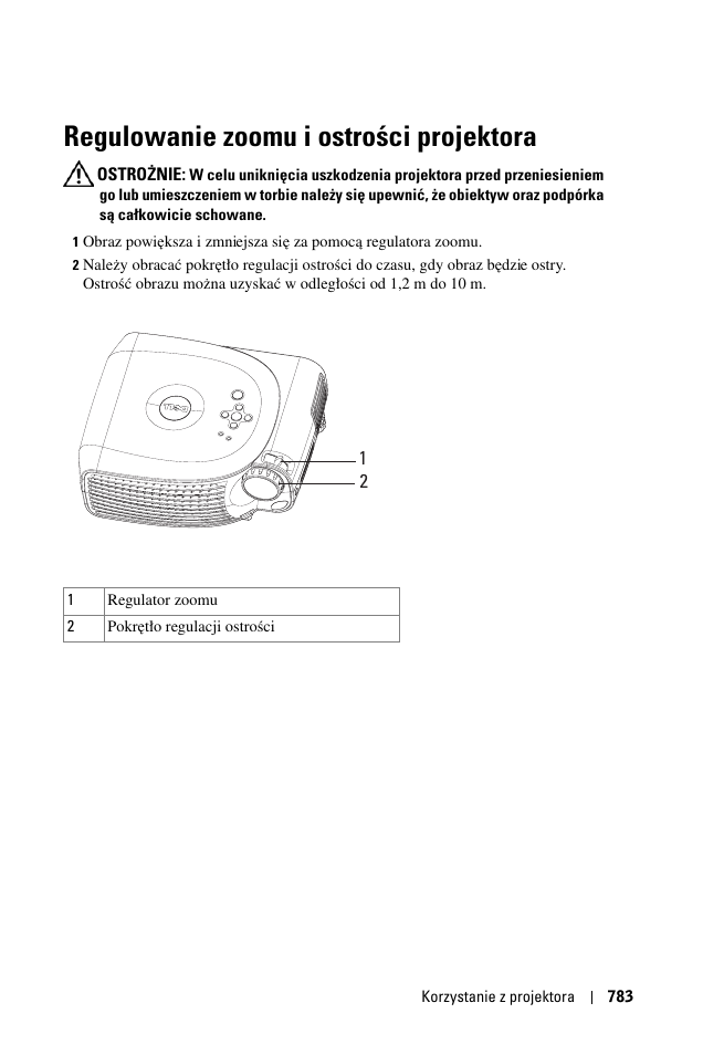 Regulowanie zoomu i ostroœci projektora, Regulowanie zoomu i ostrości projektora | Dell 1100MP User Manual | Page 783 / 976