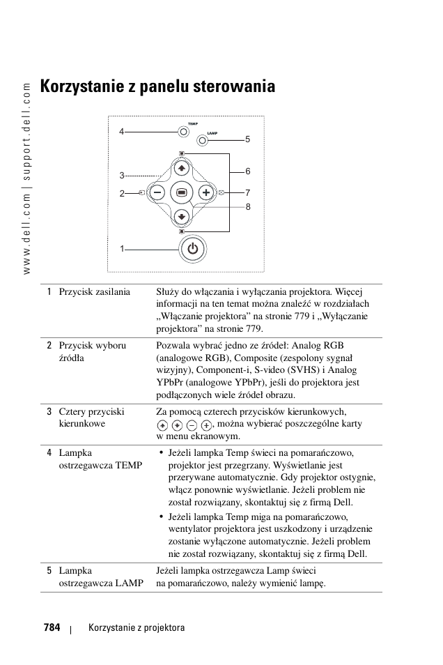 Korzystanie z panelu sterowania | Dell 1100MP User Manual | Page 784 / 976