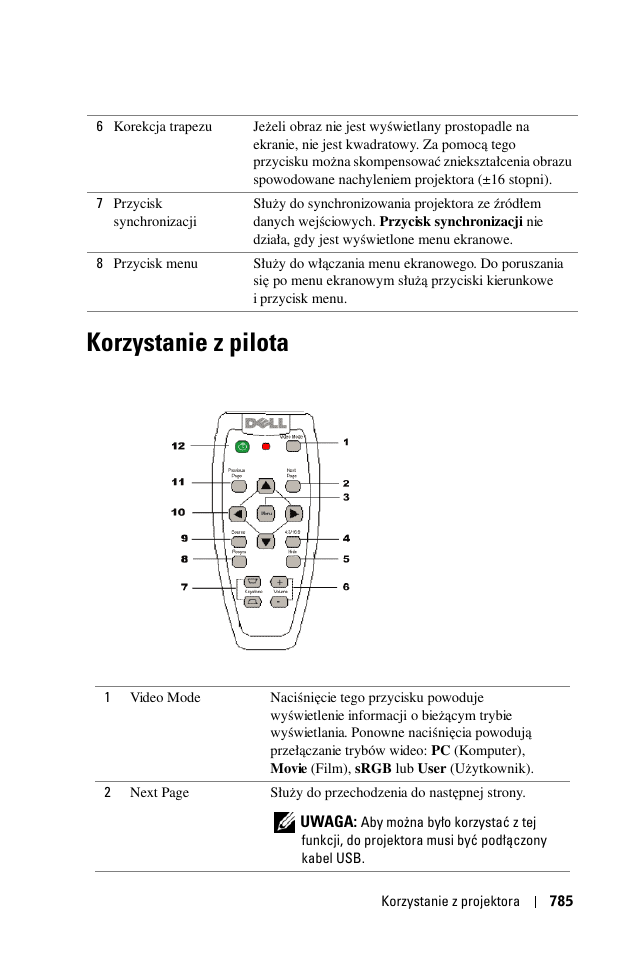 Korzystanie z pilota | Dell 1100MP User Manual | Page 785 / 976