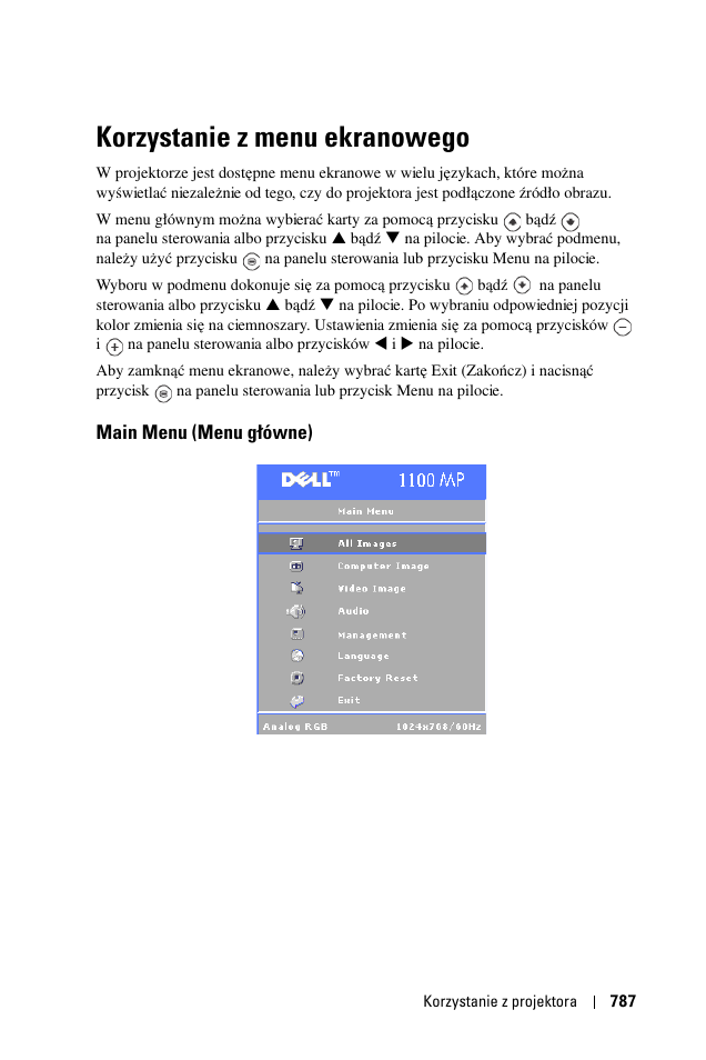 Korzystanie z menu ekranowego, Main menu (menu g¸ówne), Main menu (menu główne) | Dell 1100MP User Manual | Page 787 / 976
