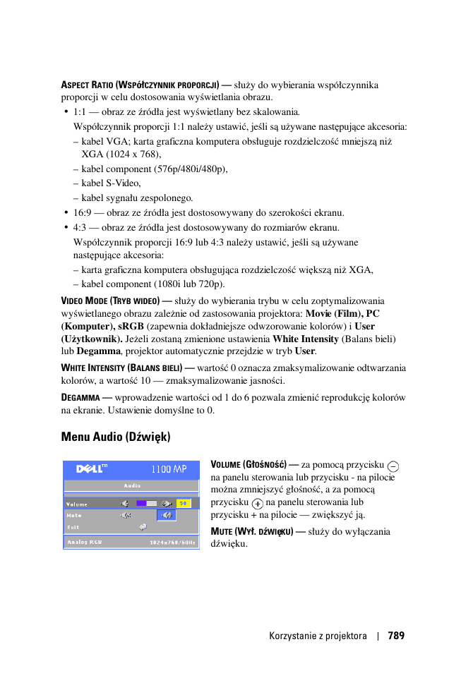 Menu audio (dÿwiêk), Menu audio (dźwięk) | Dell 1100MP User Manual | Page 789 / 976