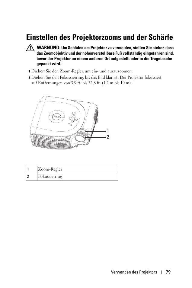 Einstellen des projektorzooms und der schärfe | Dell 1100MP User Manual | Page 79 / 976