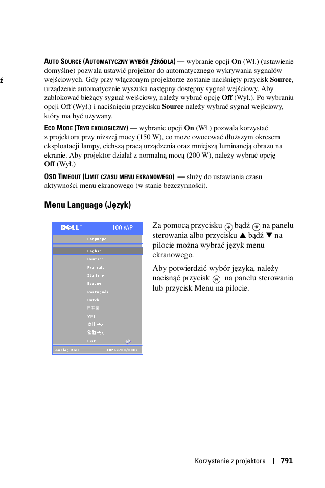 Menu language (jêzyk), Menu language (język), Bądź | Dell 1100MP User Manual | Page 791 / 976