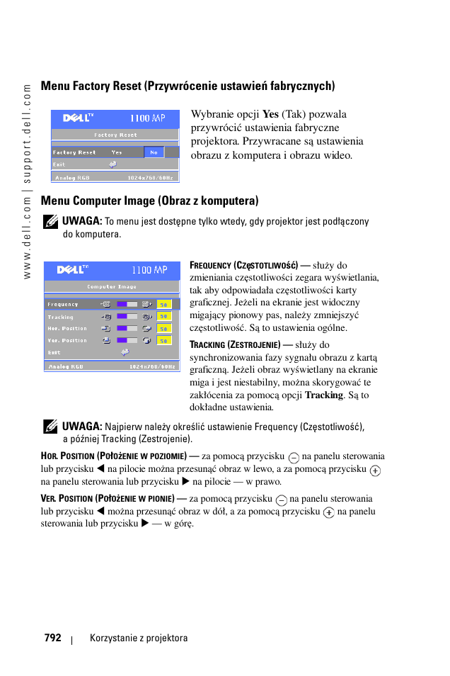 Menu computer image (obraz z komputera), Uwaga | Dell 1100MP User Manual | Page 792 / 976