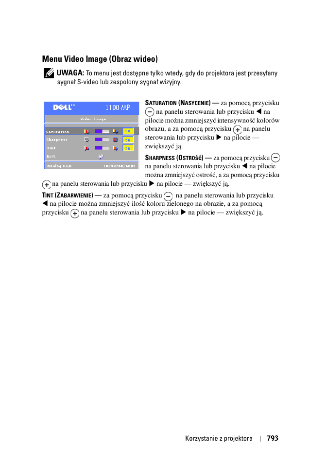 Menu video image (obraz wideo), Uwaga | Dell 1100MP User Manual | Page 793 / 976