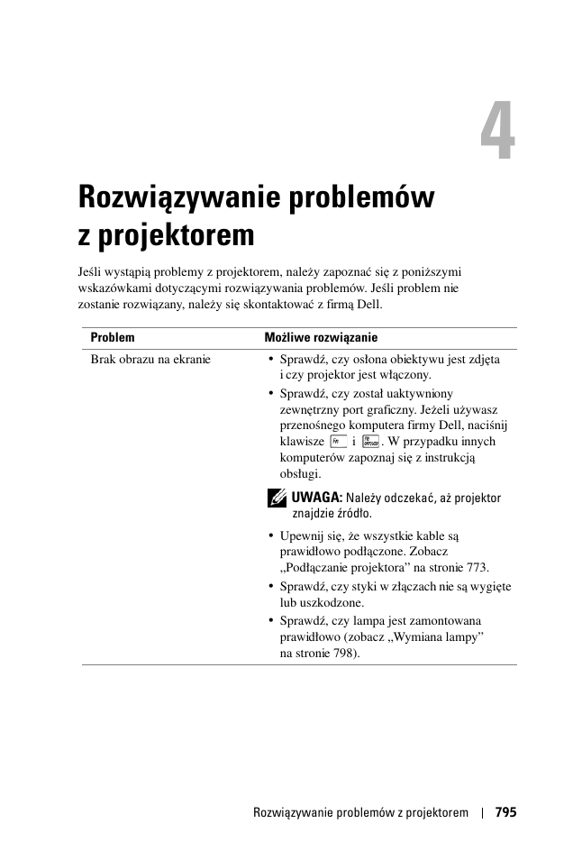 Rozwi¶zywanie problemów z projektorem, 4 rozwiązywanie problemów z projektorem, Rozwiązywanie problemów z projektorem | Dell 1100MP User Manual | Page 795 / 976