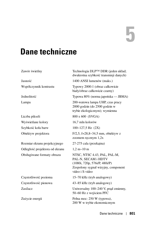 Dane techniczne, 5 dane techniczne | Dell 1100MP User Manual | Page 801 / 976