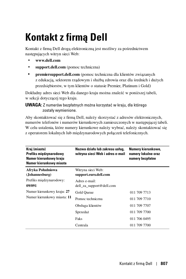 Kontakt z firm¶ dell, 6 kontakt z firmą dell, Kontakt z firmą dell | Dell 1100MP User Manual | Page 807 / 976