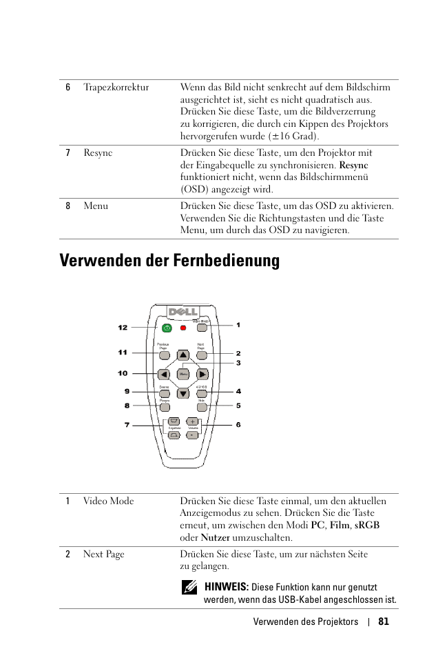 Verwenden der fernbedienung | Dell 1100MP User Manual | Page 81 / 976