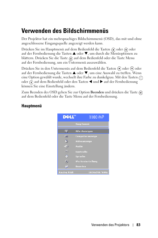 Verwenden des bildschirmmenüs, Hauptmenü | Dell 1100MP User Manual | Page 83 / 976