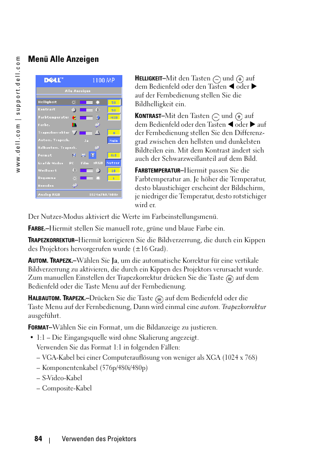 Menü alle anzeigen | Dell 1100MP User Manual | Page 84 / 976