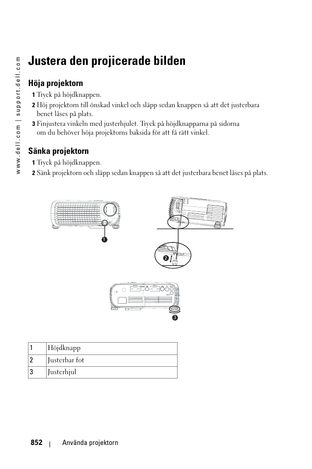 Justera den projicerade bilden, Höja projektorn, Sänka projektorn | Dell 1100MP User Manual | Page 852 / 976