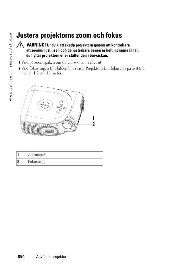 Justera projektorns zoom och fokus | Dell 1100MP User Manual | Page 854 / 976