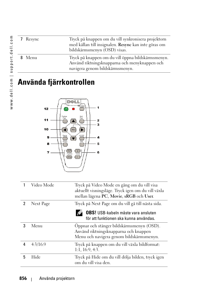 Använda fjärrkontrollen | Dell 1100MP User Manual | Page 856 / 976