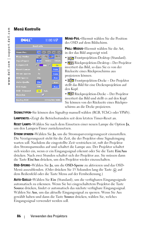 Menü kontrolle | Dell 1100MP User Manual | Page 86 / 976
