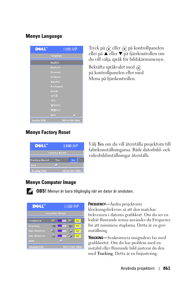 Menyn language, Menyn factory reset, Menyn computer image | Dell 1100MP User Manual | Page 861 / 976