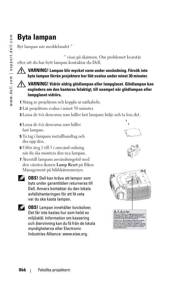 Byta lampan | Dell 1100MP User Manual | Page 866 / 976