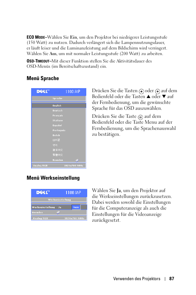 Menü sprache, Menü werkseinstellung | Dell 1100MP User Manual | Page 87 / 976