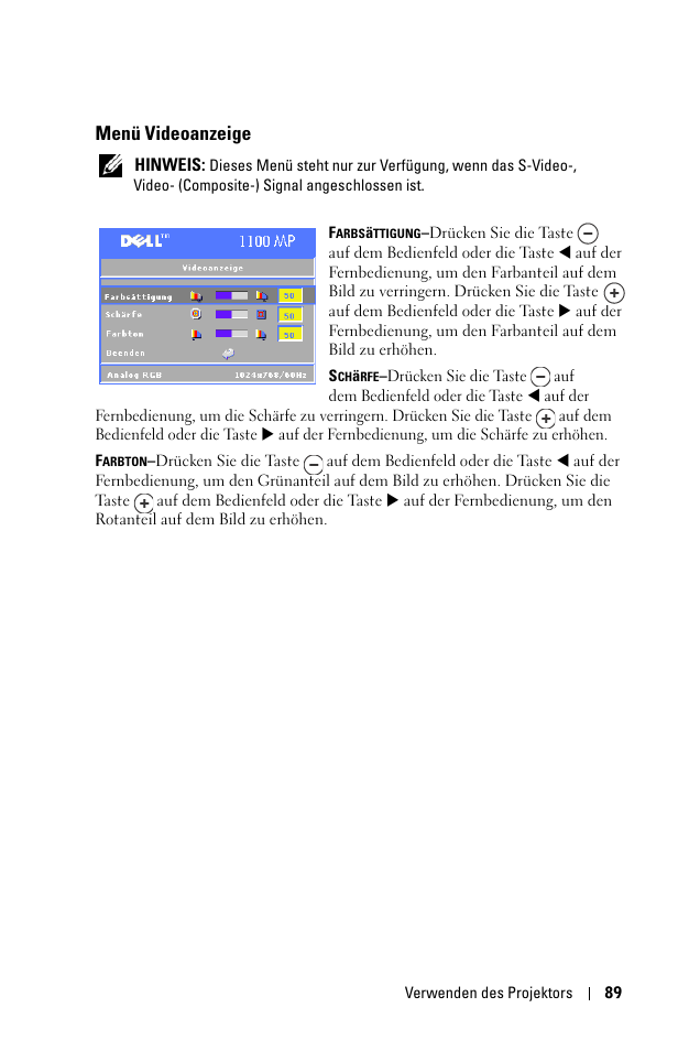 Menü videoanzeige | Dell 1100MP User Manual | Page 89 / 976