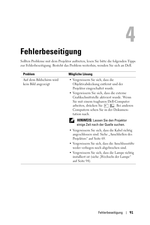 Fehlerbeseitigung, 4 fehlerbeseitigung | Dell 1100MP User Manual | Page 91 / 976