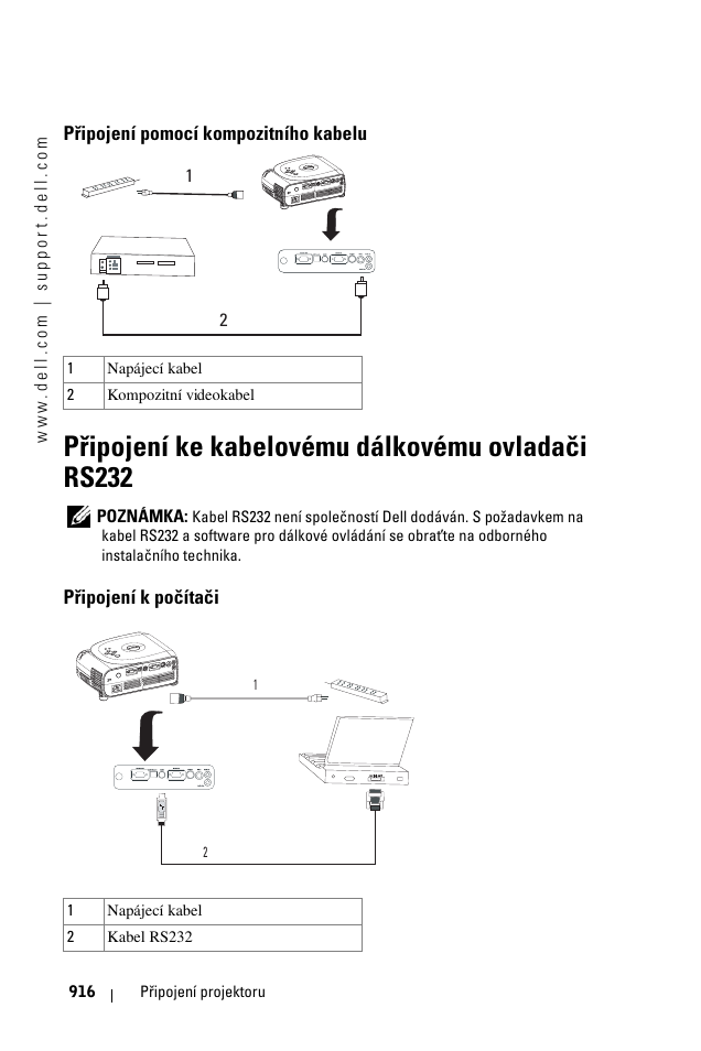 Pøipojení pomocí kompozitního kabelu, Pøipojení ke kabelovému dálkovému ovladaèi rs232, Pøipojení k poèítaèi | Připojení pomocí kompozitního kabelu, Připojení ke kabelovému dálkovému ovladači rs232, Připojení k počítači | Dell 1100MP User Manual | Page 916 / 976