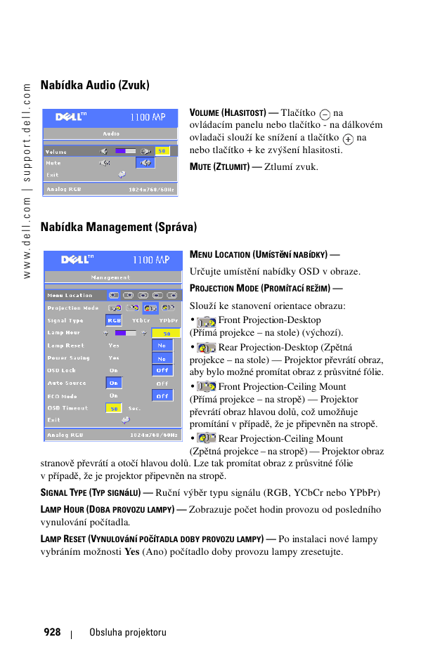 Nabídka audio (zvuk), Nabídka management (správa) | Dell 1100MP User Manual | Page 928 / 976