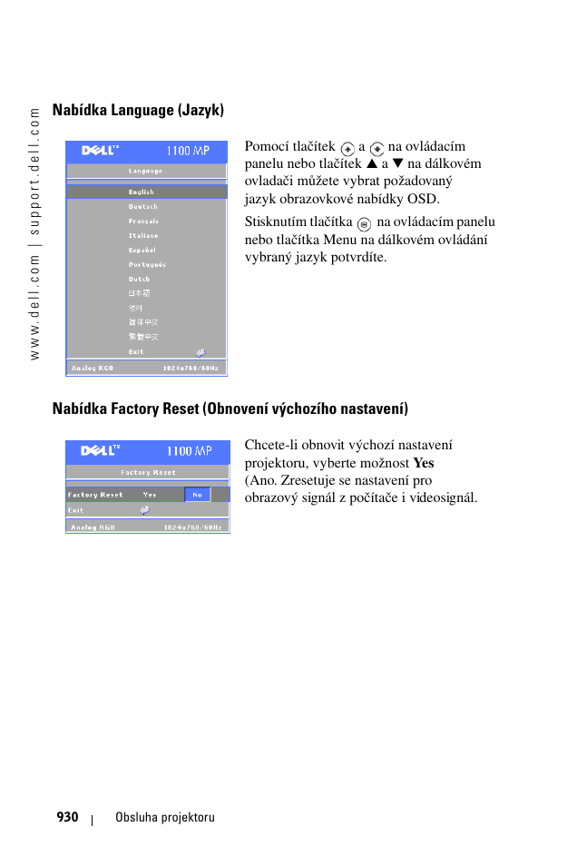 Nabídka language (jazyk) | Dell 1100MP User Manual | Page 930 / 976