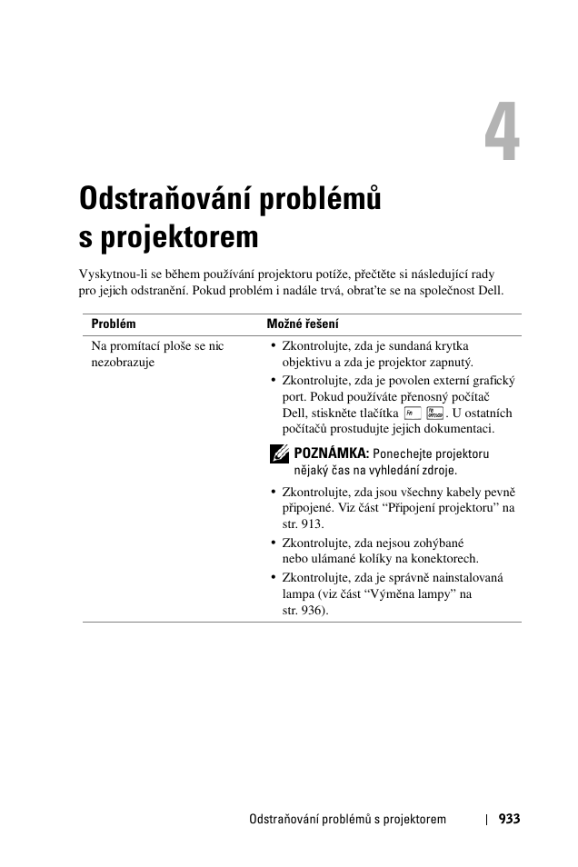 Odstraòování problémù s projektorem, 4 odstraňování problémů s projektorem, Odstraňování problémů s projektorem | Dell 1100MP User Manual | Page 933 / 976