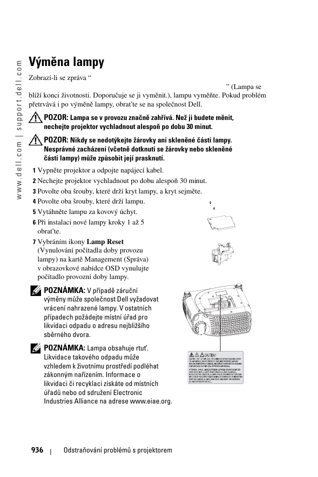 Væmìna lampy, Výměna lampy | Dell 1100MP User Manual | Page 936 / 976