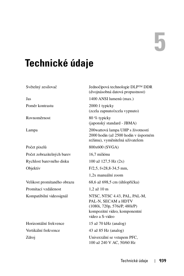 Technické údaje, 5 technické údaje | Dell 1100MP User Manual | Page 937 / 976